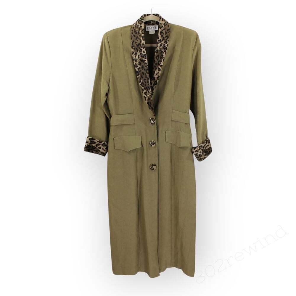 medium 80s Vintage Dolce USA Trenchcoat Dress Rayon Olive Leopard